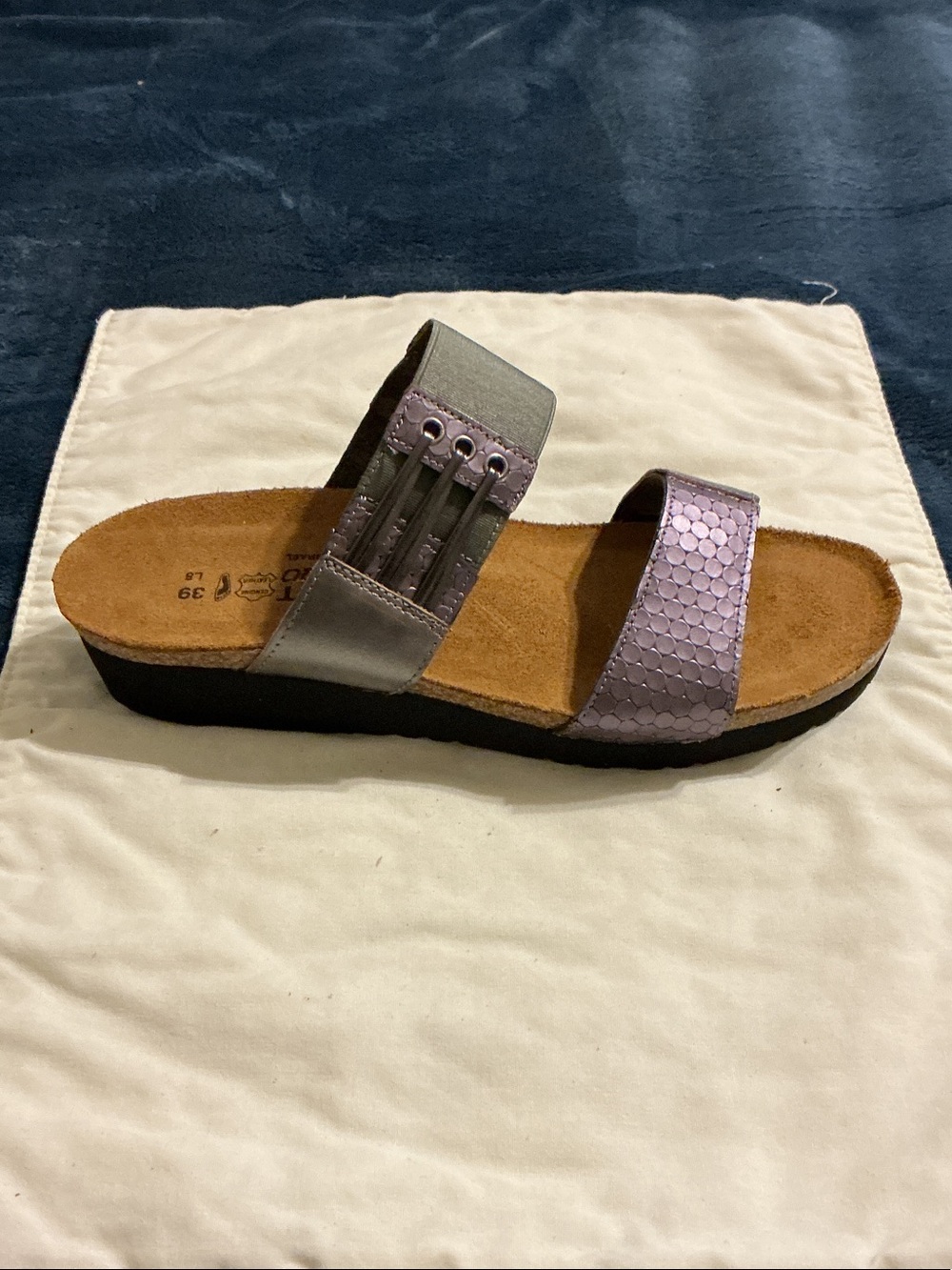 Naot Lavender and Gray Two-Strap Slide Sandal